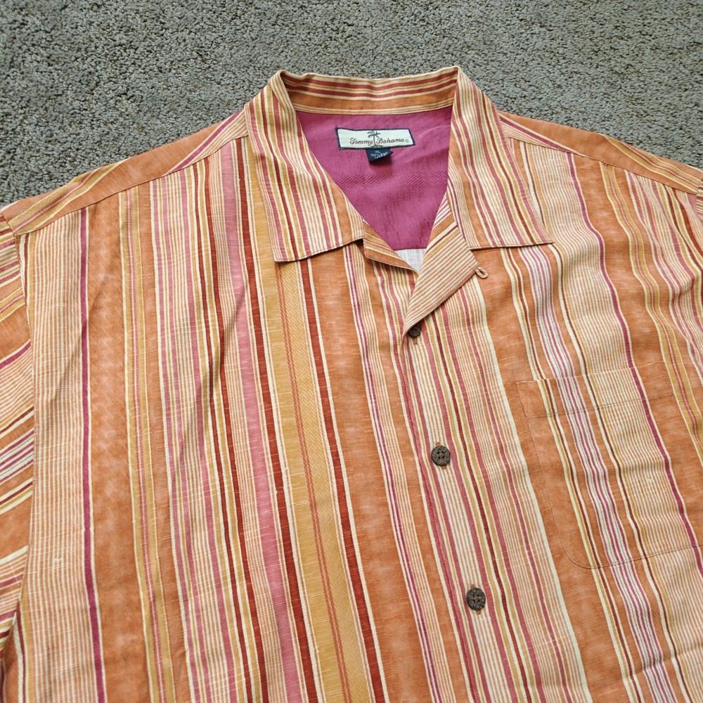 Tommy Bahama Mens XL Silk Camp Shirt Orange Pink Striped Short Sleeve Button Up - Picture 10 of 12